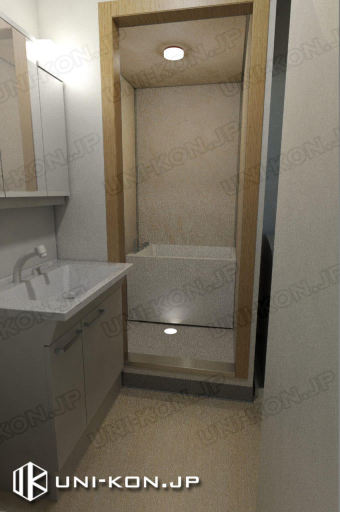連結型集合住宅・アパート用コンテナハウスの中、トイレから浴室・お風呂の中を見る（画像中浴室はユニットバスではないが、ご需要によって、1611型のユニットバスで代替できます）