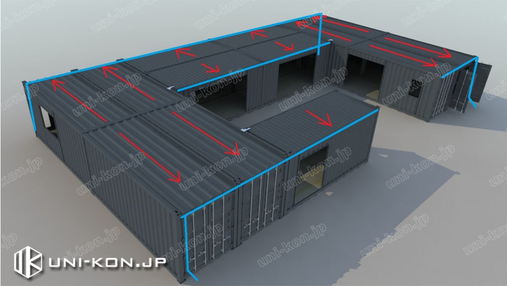 Uni-Kon製連棟コンテナハウス事務所の屋根排水経路で、水溜まり一箇所もない